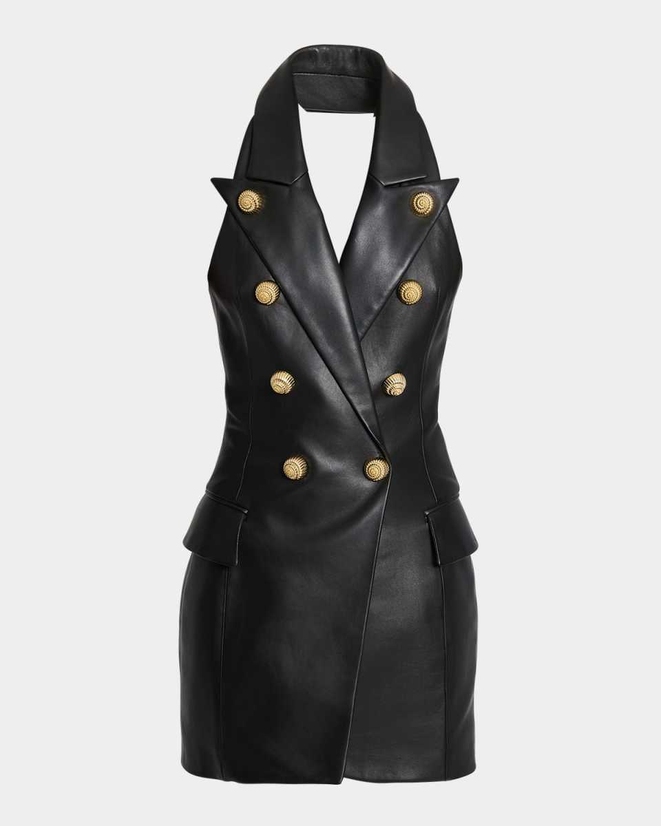 Halter-Neck Tailored Lambskin Leather Mini Dress